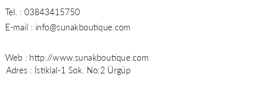 Sunak Boutique Hotel telefon numaralar, faks, e-mail, posta adresi ve iletiim bilgileri